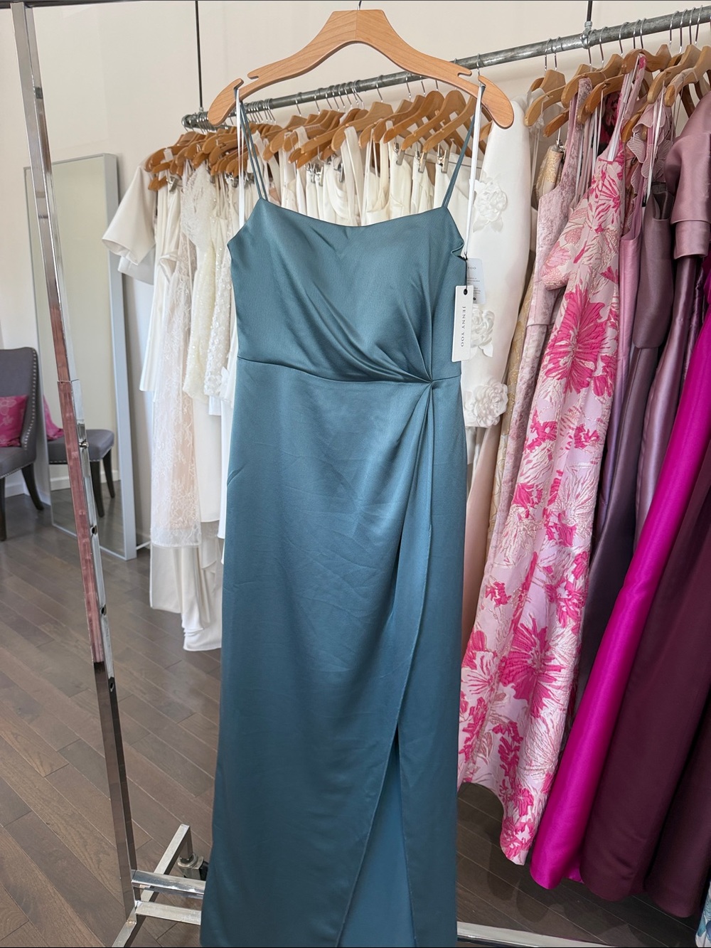 Jenny Yoo Teal Satin Spaghetti-Strap Maxi Dress